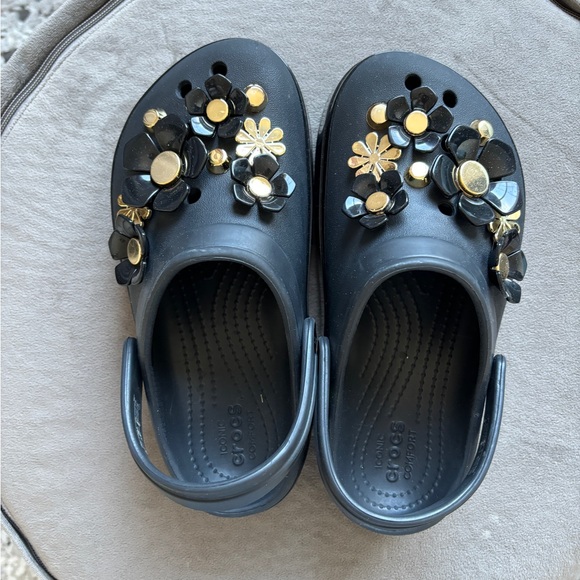 CROCS Black and Gold Floral Slippers - Picture 3 of 7